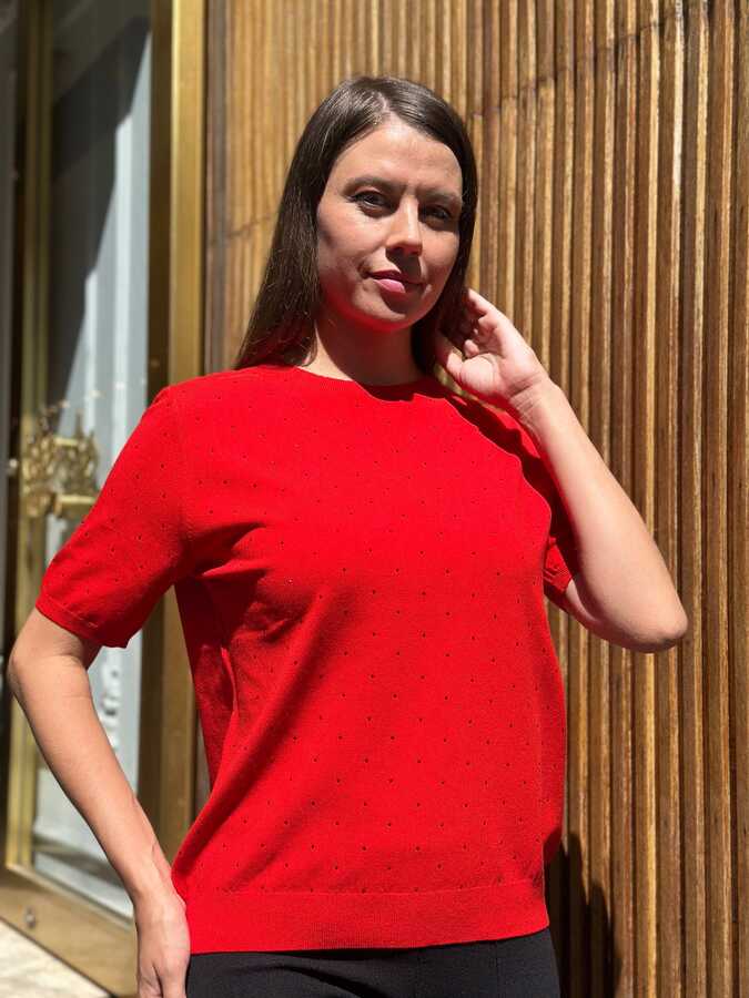 Reel Triko - Wholesale Women's Knitted Sweater Stone Detail - Red - 32651 | REEL TRİKO