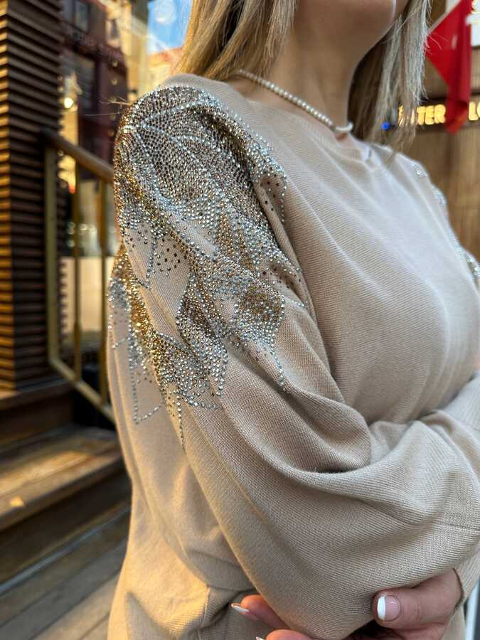 Wholesale Women's Beige Knit Sweater Stone Embellishment - 31518 | REEL TRİKO - 3