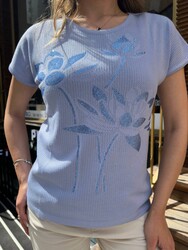 Wholesale Women's Knitted Sweater Stone Embellished Blue - 32614 | REEL TRİKO 1993 - Thumbnail