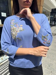 Wholesale Women's Knitted Sweater Stone Embellishments Blue - 32867 | REEL TRİKO 1993 - Thumbnail