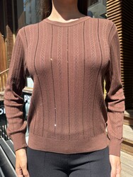 Wholesale Women's Knitted Sweater Stone Embellishments, Brown - 32185 | REEL TRİKO - Thumbnail