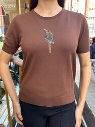 Wholesale Women's Stone-Embellished Brown Knit Sweater - 32842 | REEL TRİKO - Thumbnail