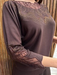 Wholesale Women's Brown Knit Sweater Stone Embellishment - 32988 | REEL TRİKO - Thumbnail
