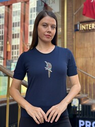Wholesale Women's Knit Sweater Stone-Embellished - Navy Blue - 32842 | REEL TRİKO - Thumbnail