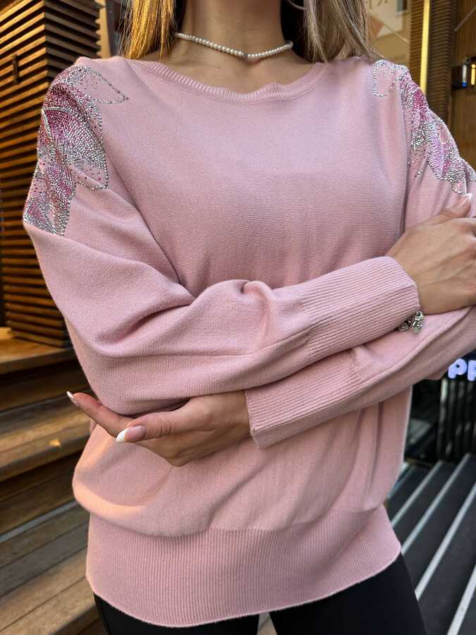 Wholesale Women's Knit Sweater - Stone-Embellished Powder Pink - 31518 | REEL TRİKO - 2