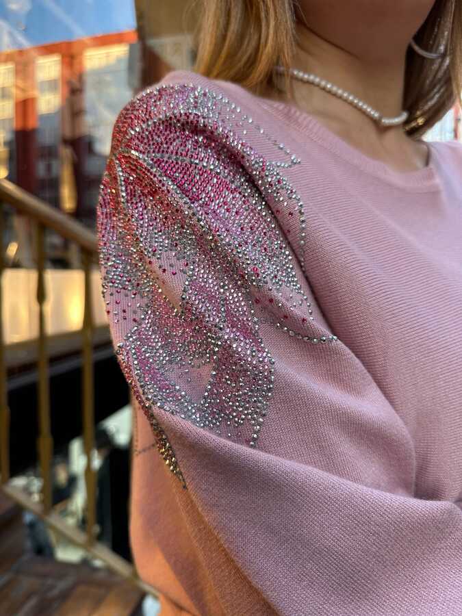 Wholesale Women's Knit Sweater - Stone-Embellished Powder Pink - 31518 | REEL TRİKO - 3