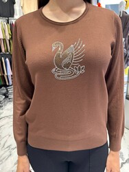 Wholesale Women's Knit Sweater Swan Embroidery - Tan - 32904 | REEL TRİKO - Thumbnail
