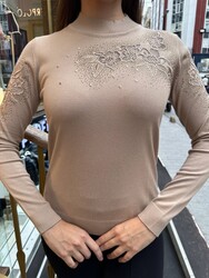 Wholesale Women's Beige Knit Sweater Tulle Detail - 31975 | REEL TRİKO - Thumbnail