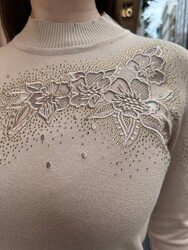 Wholesale Women's Beige Knit Sweater Tulle Detail - 31975 | REEL TRİKO - Thumbnail