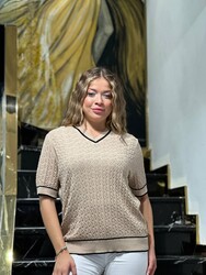 Wholesale Women's Beige V-Neck Knit Sweater - 32588 | REEL TRİKO - Thumbnail