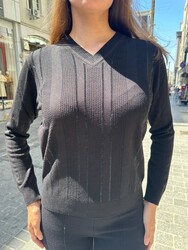 Wholesale Women's Knitted Sweater V-Neck Black - 32184 | REEL TRİKO - Thumbnail