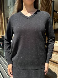 Wholesale Women's Knitted Sweater V-Neck Black - 32199 | REEL TRİKO - Thumbnail