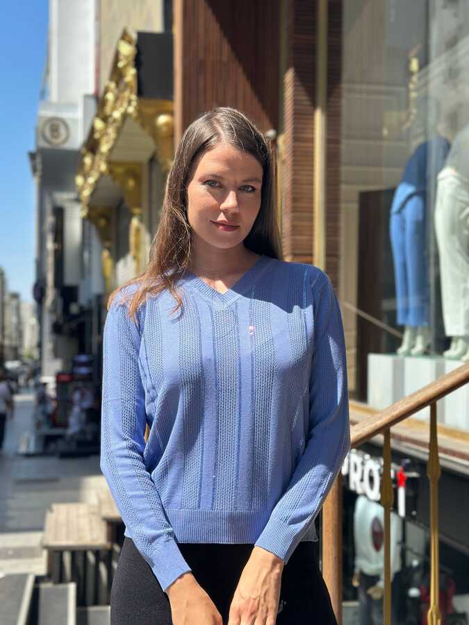 Reel Triko - Wholesale Women's Knitted Sweater V-Neck Blue - 32184 | REEL TRİKO