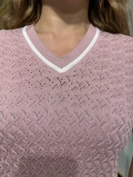 Wholesale Women's V-Neck Knit Sweater - Powder - 32588 | REEL TRİKO - Thumbnail