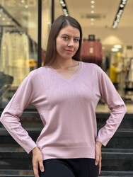 Wholesale Women's V-Neck Knit Sweater - Powder - 32609 | REEL TRİKO - Thumbnail