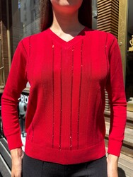 Wholesale Women's Knitted Sweater V-Neck Red - 32184 | REEL TRİKO - Thumbnail