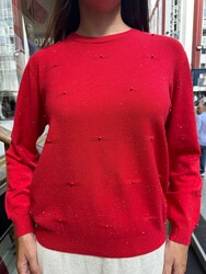 Wholesale Women's Knitted Sweater Bead Embroidery Red - 32509 | REEL TRİKO - Thumbnail