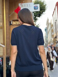 Wholesale Women's Crew Neck Knit Sweater - Navy & Ecru - 32097 | REEL TRİKO - Thumbnail
