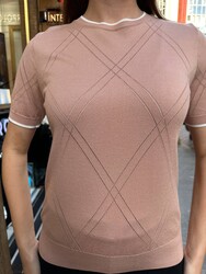 Wholesale Women's Crew Neck Knit Sweater - Powder & Ecru - 32097 | REEL TRİKO - Thumbnail