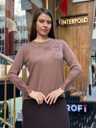 Wholesale Women's Knit Sweater Floral Embroidery - Earth Tone - 32164 | REEL TRİKO - Thumbnail