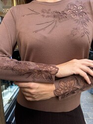 Wholesale Women's Knit Sweater Floral Embroidery - Earth Tone - 32164 | REEL TRİKO - Thumbnail
