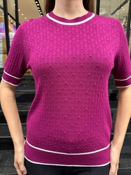 Wholesale Women's Knit Sweater Short Sleeve Fuchsia & Ecru - 32584 | REEL TRİKO - Thumbnail