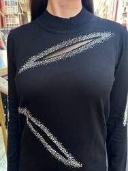 Wholesale Women's Long-Sleeve Knit Sweater - Black & Silver - 30090 | REEL TRİKO - Thumbnail