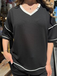 Wholesale Women's Tracksuit Set V-Neck Black - 17873 | REEL TRİKO 1993 - Thumbnail