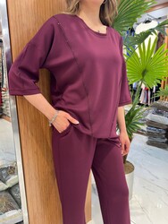 Wholesale Women's Tracksuit Set Stone Embellishments, Burgundy - 17998 | REEL TRİKO 1993 - Thumbnail