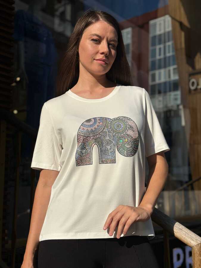 Reel Triko - Wholesale Women's Blouse Colorful Stone Embellished Ecru - 80372 | REEL TRİKO