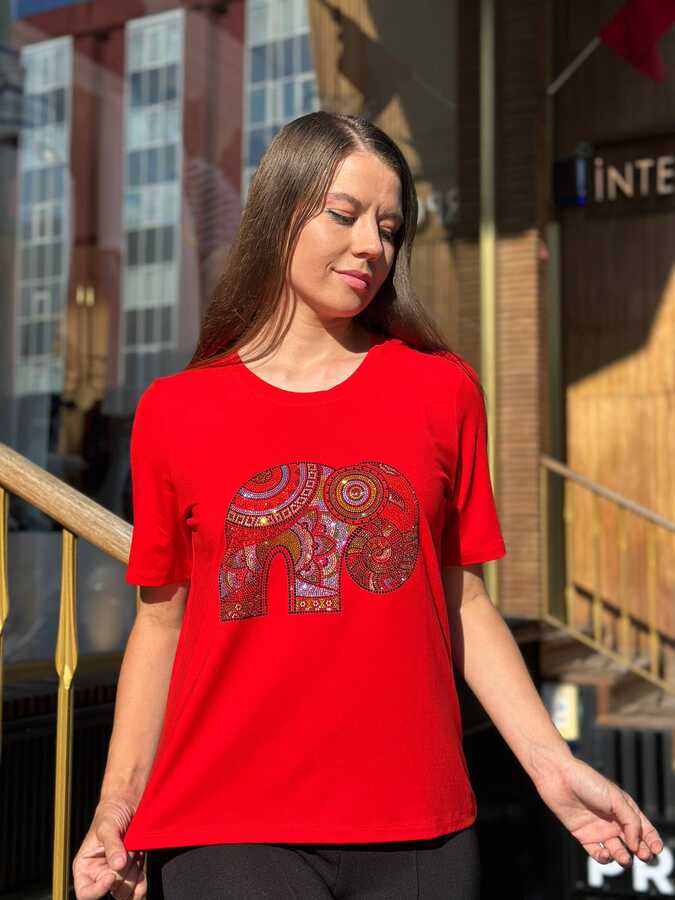 Reel Triko - Wholesale Women's Blouse Colorful Stone Embellished Red -80372 | REEL TRİKO