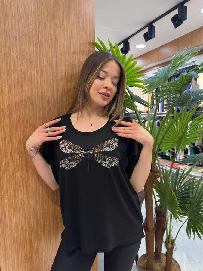 Reel Triko - Wholesale Women's Blouse Dragonfly Detail, Black - 80464 | REEL TRİKO