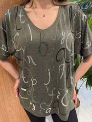 Wholesale Women's Blouse Stone Embellishments, Khaki - 80392 | REEL TRİKO 1993 - Thumbnail