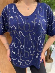 Wholesale Women's Blouse - Embellished with Stones - Navy Blue - 80392 | REEL TRİKO 1993 - Thumbnail