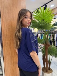 Wholesale Women's Blouse - Embellished with Stones - Navy Blue - 80392 | REEL TRİKO 1993 - Thumbnail