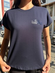 Wholesale Women's Blouse - Swan Embroidered - Navy Blue - 80630 | REEL TRİKO - Thumbnail