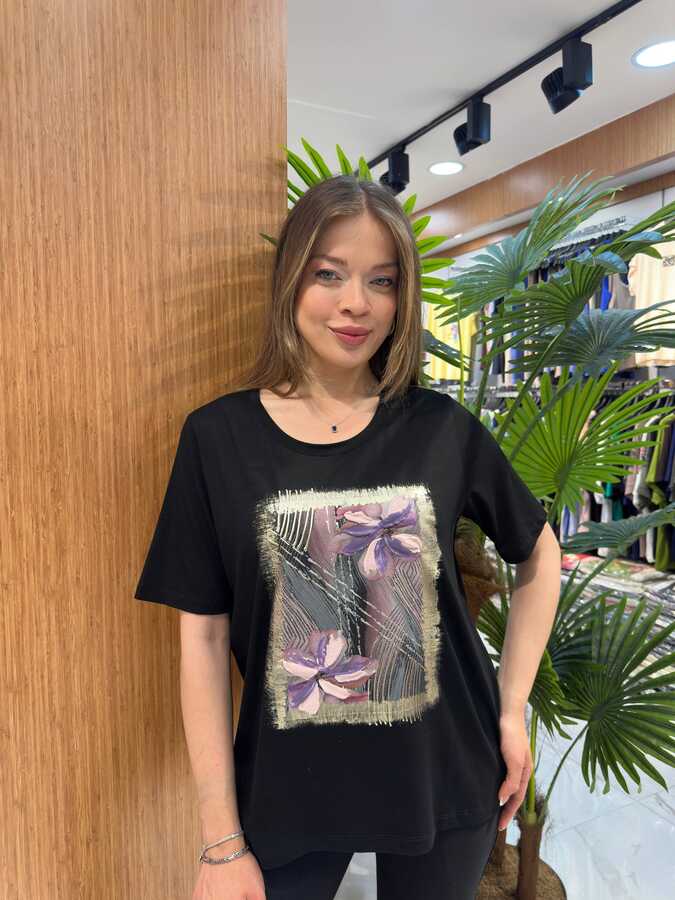 Reel Triko - Wholesale Women's Blouse Floral Pattern Black - 80281 | REEL TRİKO