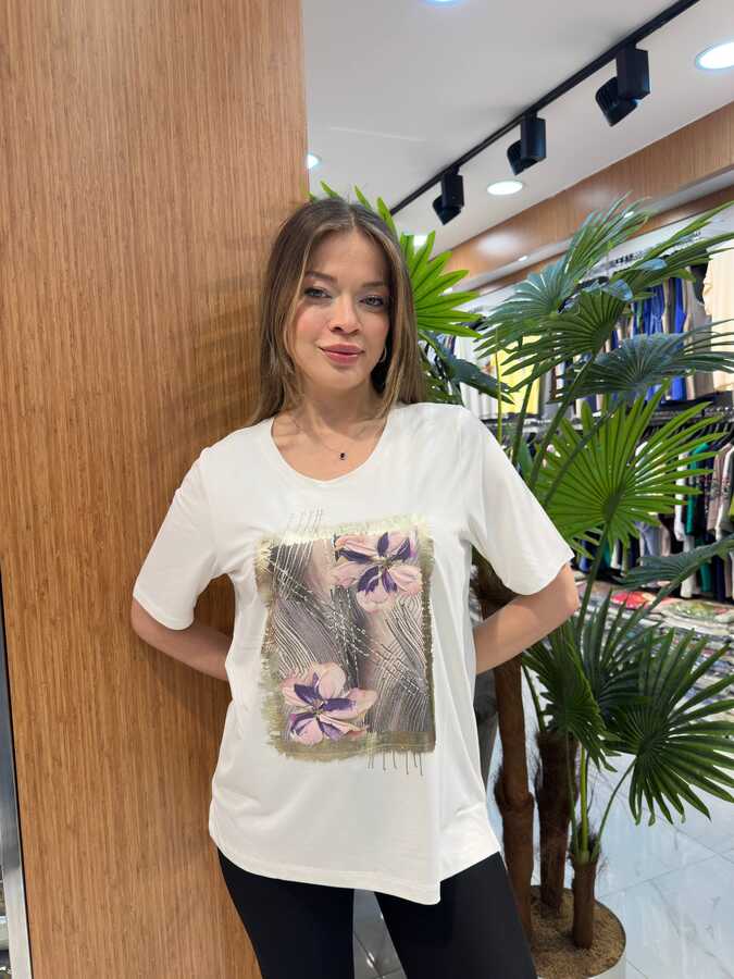 Reel Triko - Wholesale Women's Blouse Floral Pattern Ecru - 80281 | REEL TRİKO