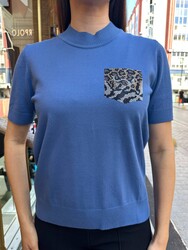 Wholesale Women's Knit Sweater Leopard Pocket Detail Blue - 32348 | REEL TRİKO - Thumbnail