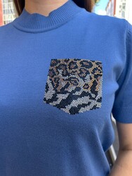 Wholesale Women's Knit Sweater Leopard Pocket Detail Blue - 32348 | REEL TRİKO - Thumbnail
