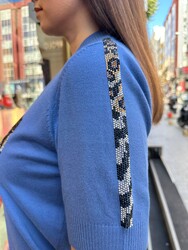 Wholesale Women's Knit Sweater Leopard Pocket Detail Blue - 32348 | REEL TRİKO - Thumbnail