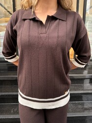 Wholesale Women's Brown Polo-Neck Knit Sweater - 32897 | REEL TRİKO - Thumbnail