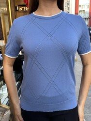 Wholesale Women's Crew Neck Knit Sweater - Blue & Ecru - 32097 | REEL TRİKO - Thumbnail