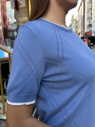 Wholesale Women's Crew Neck Knit Sweater - Blue & Ecru - 32097 | REEL TRİKO - Thumbnail