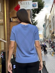 Wholesale Women's Crew Neck Knit Sweater - Blue & Ecru - 32097 | REEL TRİKO - Thumbnail