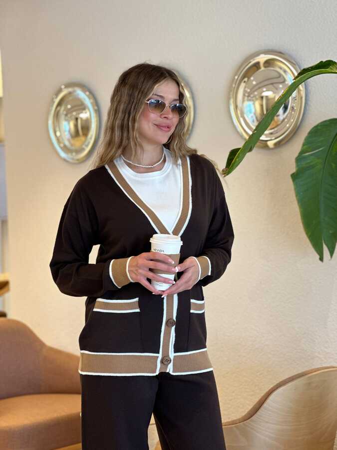 Wholesale Women's Knit Cardigan Pocket Detail - Dark Brown - 32863 | REEL TRİKO - 2