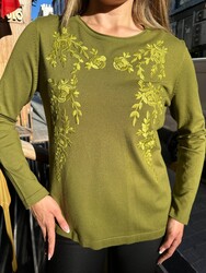 Wholesale Women's Knit Sweater Embroidered - Dark Green - 31946 | REEL TRİKO - Thumbnail