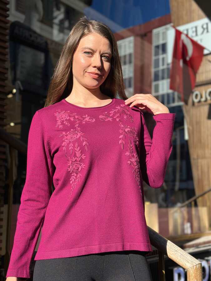 Reel Triko - Wholesale Women's Knit Sweater Embroidered - Fuchsia - 31946 | REEL TRİKO