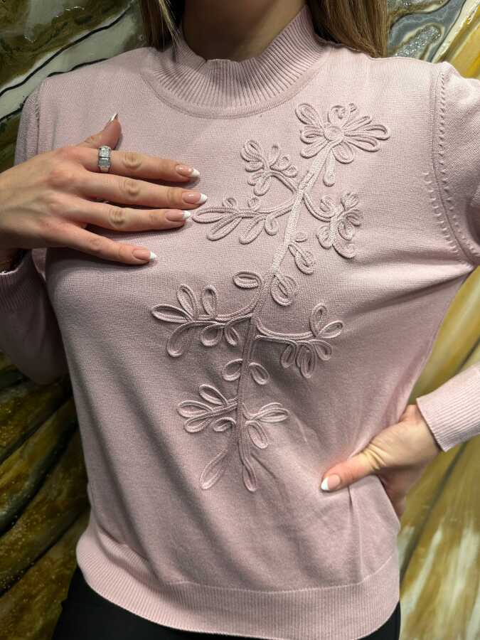 Wholesale Women’s Embroidered Knit Sweater - Powder - 32852 | REEL TRİKO - 2