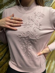 Wholesale Women’s Embroidered Knit Sweater - Powder - 32852 | REEL TRİKO - 2